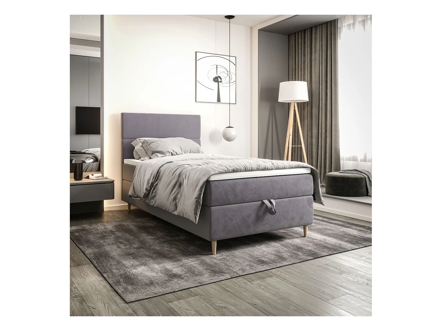 BEDANTE Boxspringbett FLO 80x200 Itaka 50 Hellgrau Bett Bettkasten Einzellbett Hotelbett Topper Matratze Schlafzimmer Stauraum