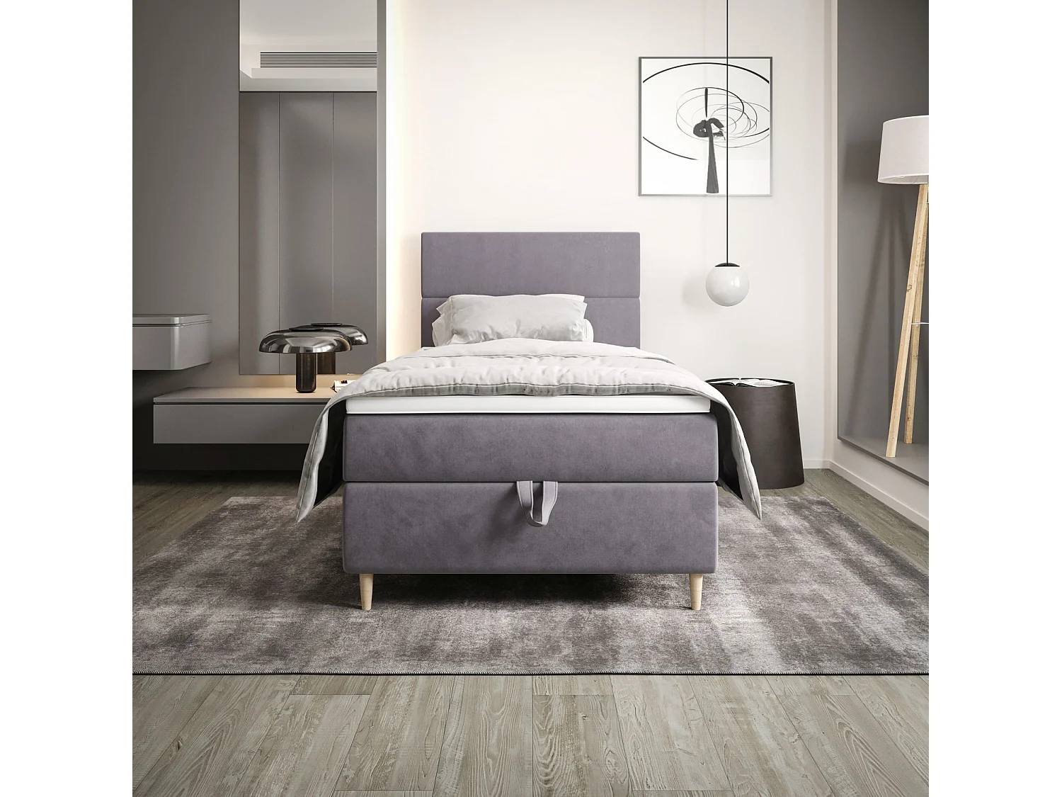 BEDANTE Boxspringbett FLO 80x200 Itaka 50 Hellgrau Bett Bettkasten Einzellbett Hotelbett Topper Matratze Schlafzimmer Stauraum