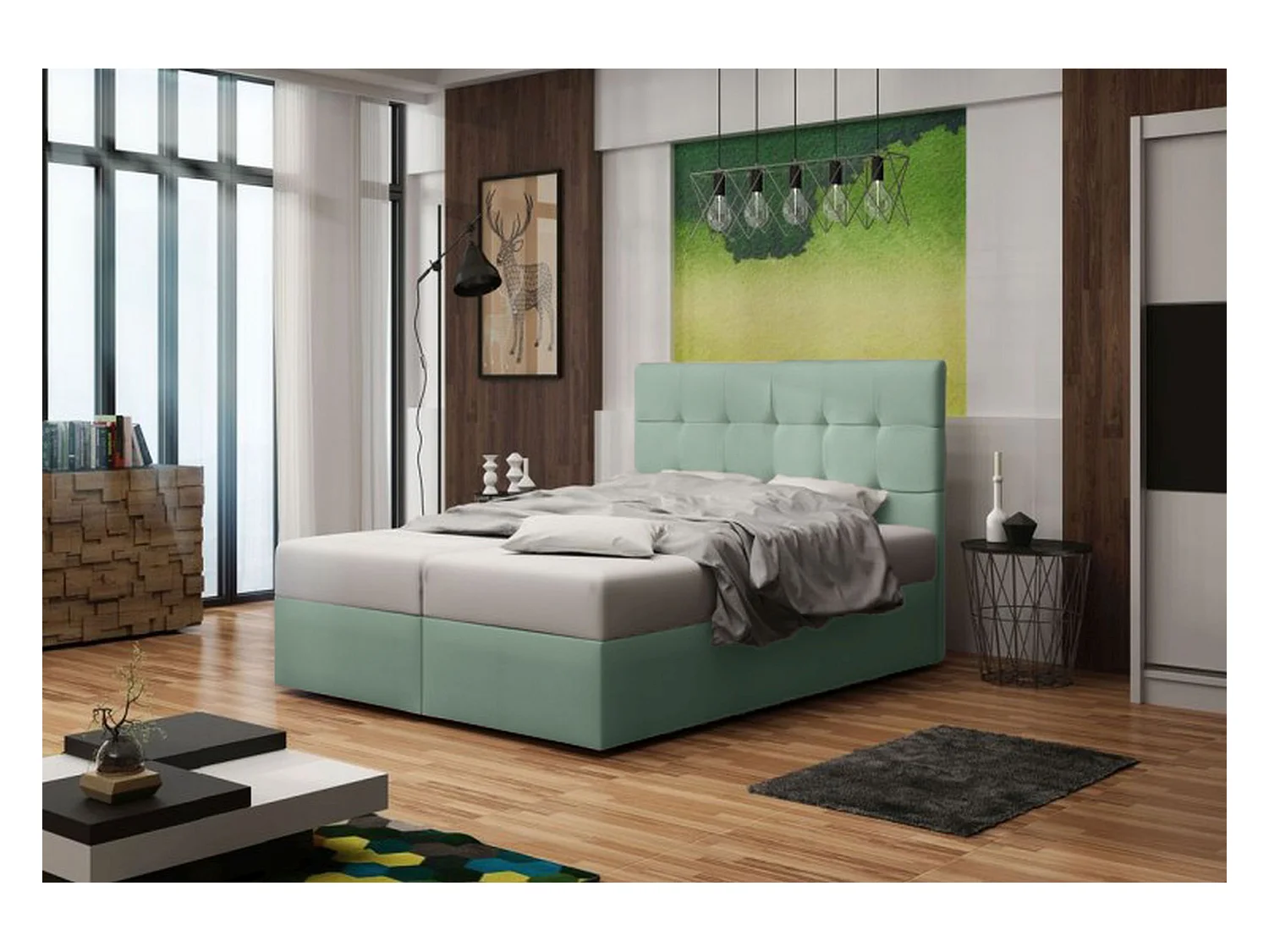 BEDANTE Lit boxspring DUO 2 160x200 Cosmic 16 Vert Lit Coffre Lit double Lit d'hôtel Surmatelas Matelas Chambre Rangement