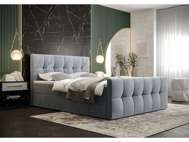 BEDANTE Lit boxspring MANHATTAN 140x200 Monolith 70 Bleu clair Lit Coffre Lit double Lit d’hôtel Surmatelas Matelas Chambre Rangement