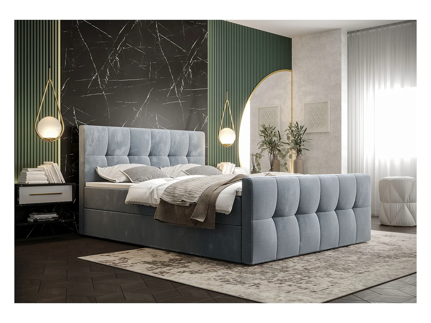 BEDANTE Lit boxspring MANHATTAN 140x200 Monolith 70 Bleu clair Lit Coffre Lit double Lit d’hôtel Surmatelas Matelas Chambre Rangement