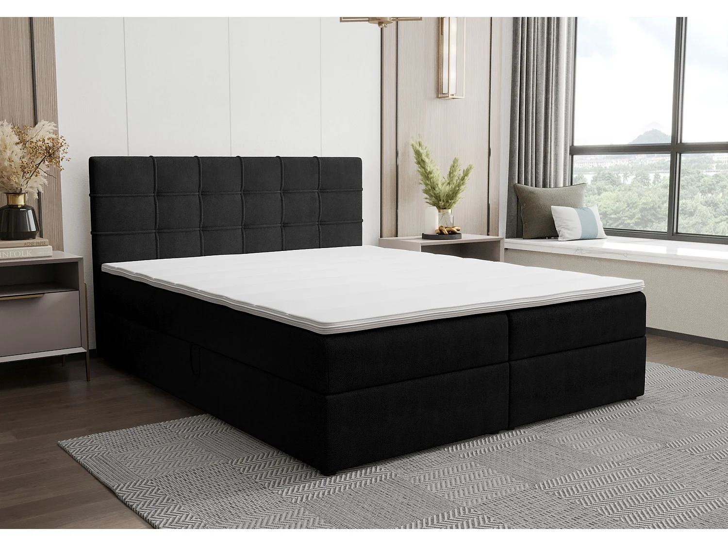 BEDANTE Lit boxspring KIDA 160x200 Curio 99 Noir Lit Litkasten Lit double Lit d'hôtel Chambre à coucher Espace de rangement