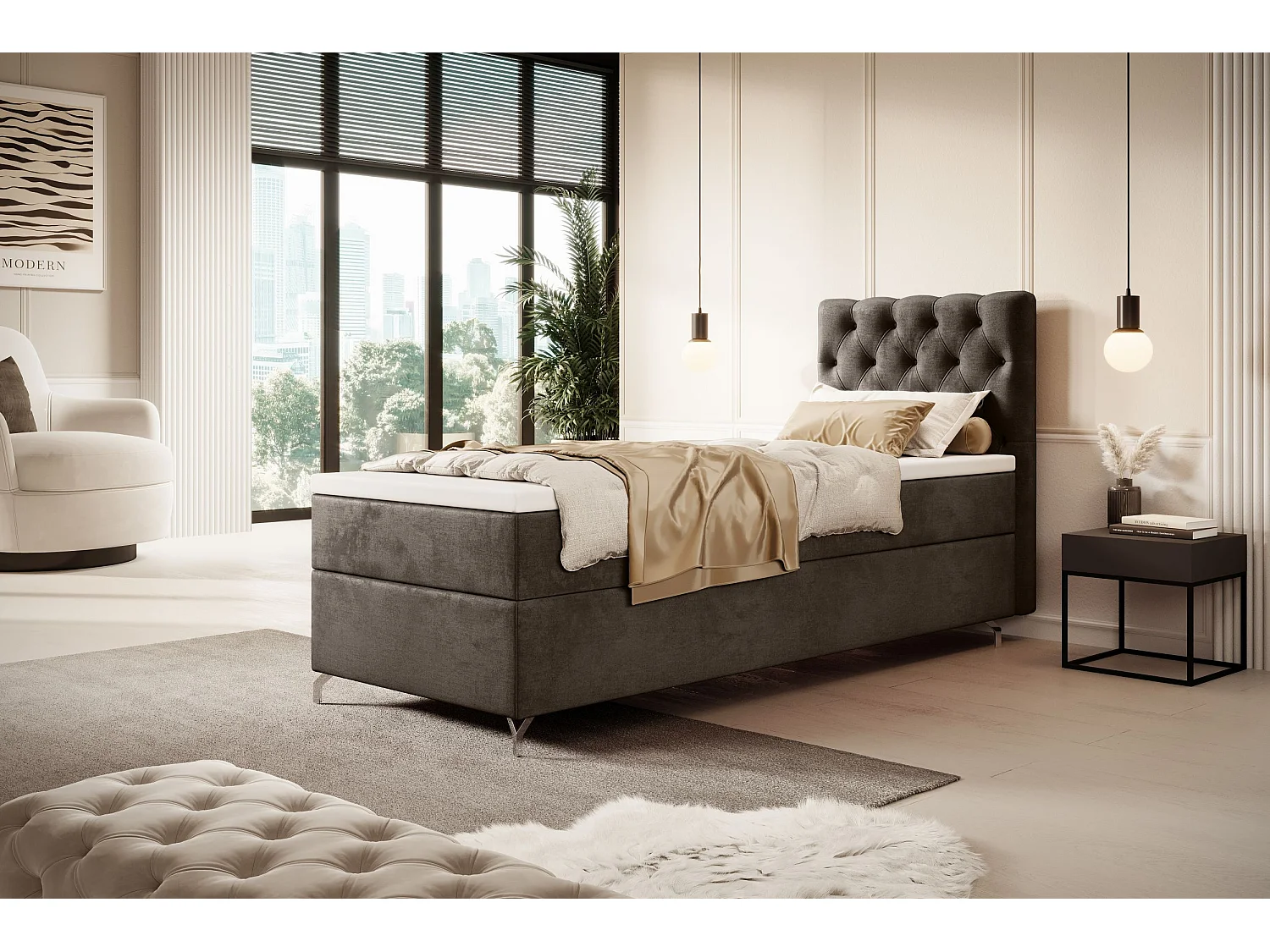 BEDANTE Boxspringbett CHESTER mit Matratze H3 und Topper 90x200 Monolith 15 Braun Bett Bettkasten Einzellbett Hotelbett Schlafzimmer Stauraum