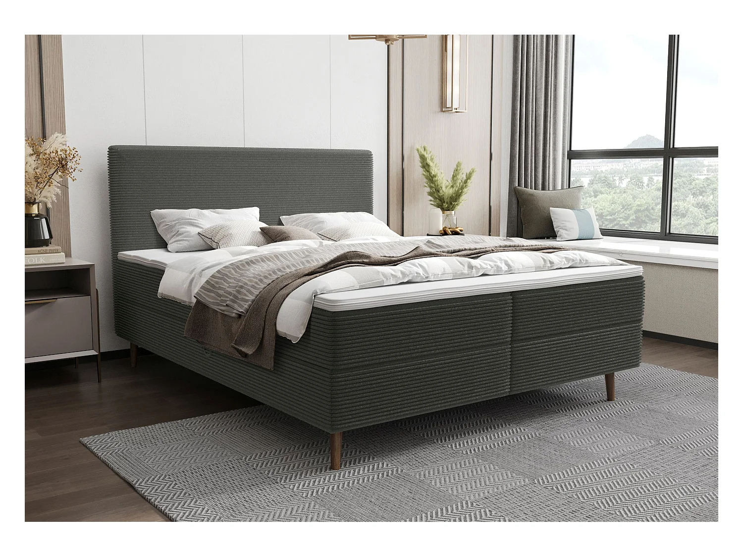 BEDANTE lit boxspring NARA 160x200 POSO 115 gris foncé lit coffre de lit lit double lit d'hôtel surmatelas matelas chambre à coucher rangement