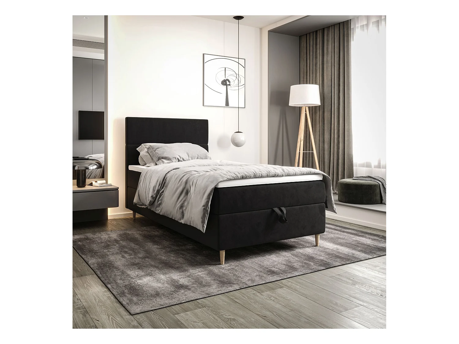 BEDANTE Lit boxspring FLO 80x200 Itaka 27 Gris Lit Coffre Lit simple Lit d'hôtel Surmatelas Matelas Chambre Rangement