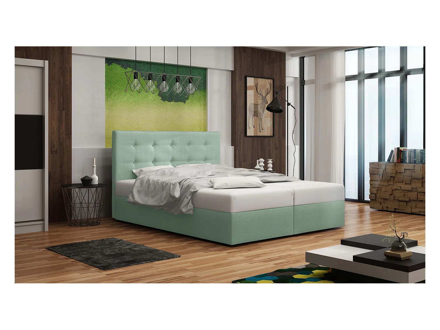 BEDANTE lit boxspring DUO 1 140x200 Cosmic 16 vert lit avec coffre lit double lit d’hôtel surmatelas matelas chambre espace de rangement