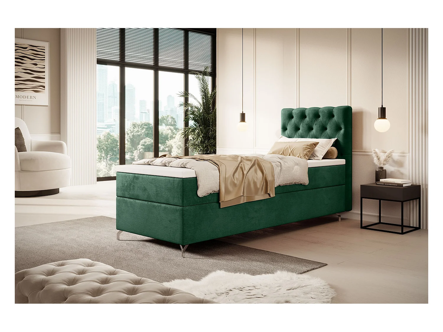 BEDANTE Boxspringbett CHESTER mit Matratze H3 und Topper 80x200 Monolith 37 Dunkelgrün Bett Bettkasten Einzellbett Hotelbett Schlafzimmer Stauraum