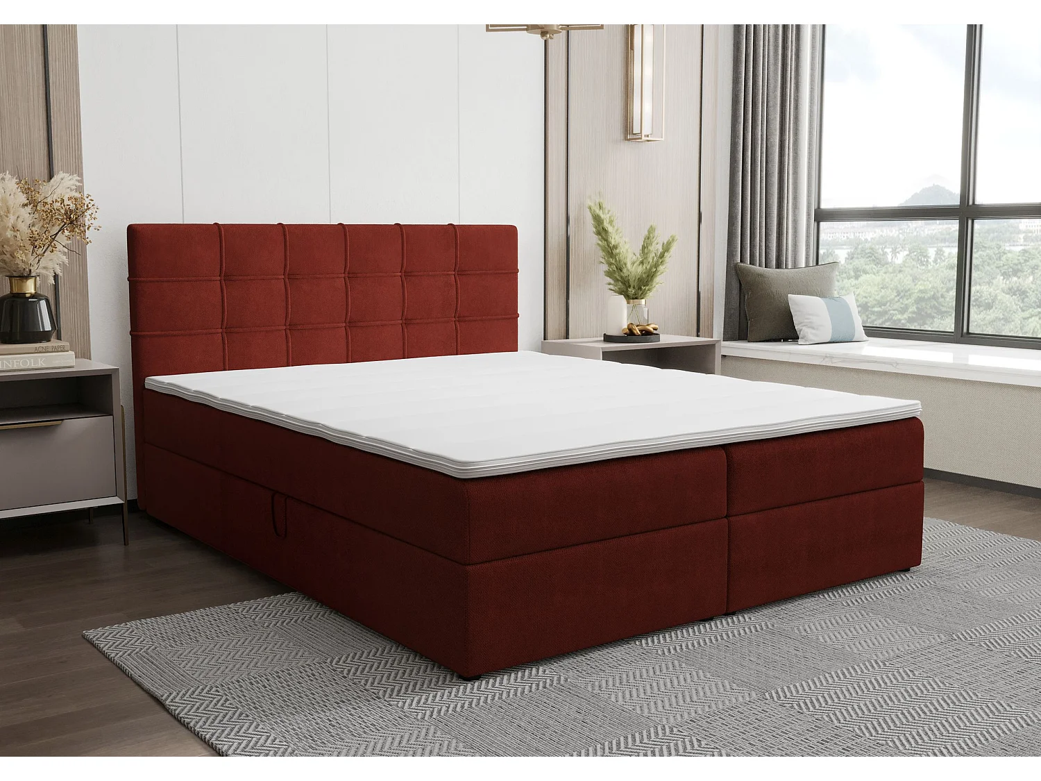 BEDANTE Boxspringbett KIDA 200x200 Curio 57 Rot Bett Bettkasten Ehebett Hotelbett Schlafzimmer Topper Matratze Stauraum
