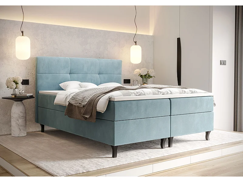 BEDANTE Lit Boxspring LIMBA 180x200 Monolith 72 Bleu Lit avec coffre Lit double Lit d’hôtel Surmatelas Matelas Chambre Espace de rangement