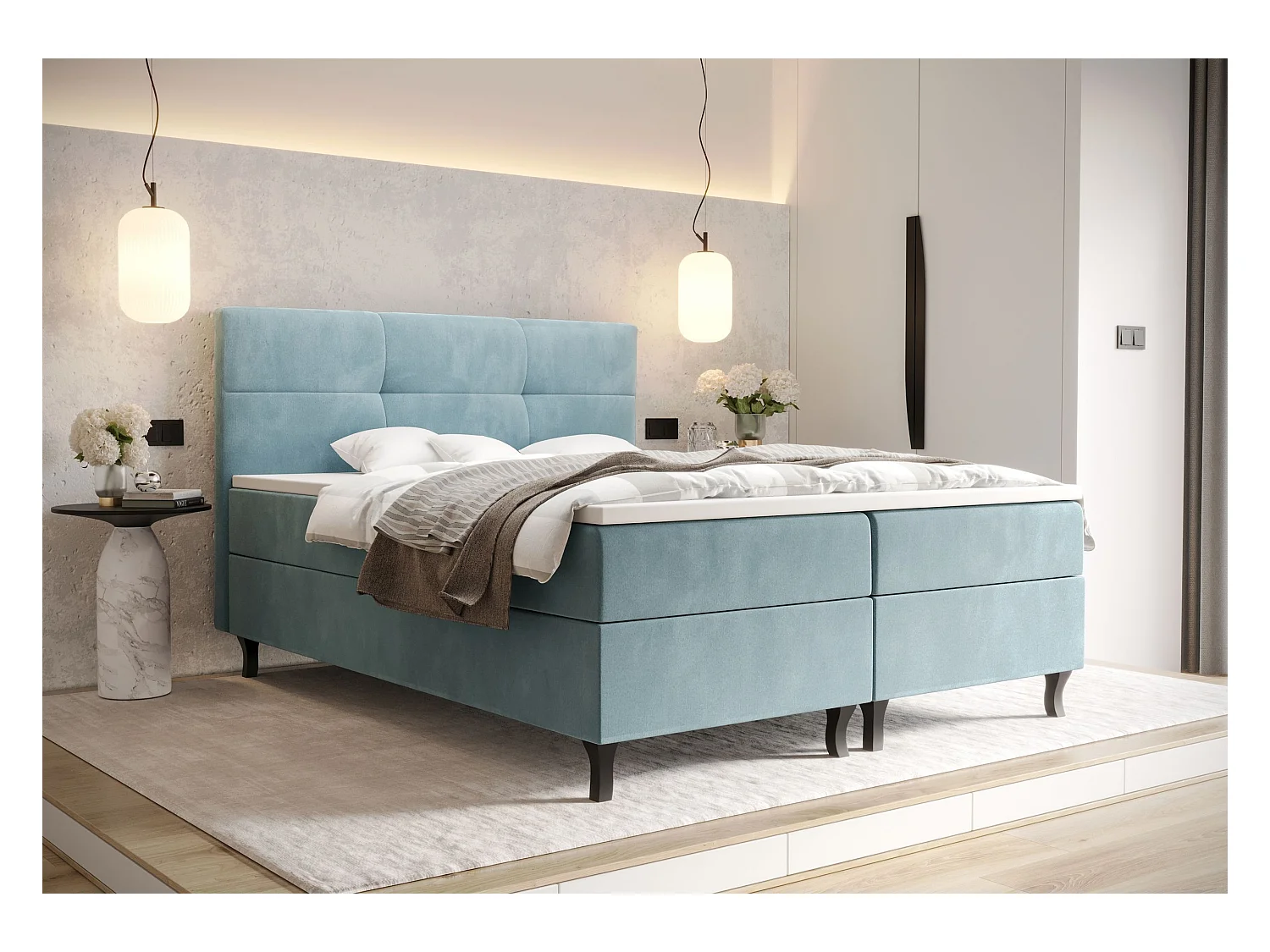 BEDANTE Lit Boxspring LIMBA 180x200 Monolith 72 Bleu Lit avec coffre Lit double Lit d’hôtel Surmatelas Matelas Chambre Espace de rangement