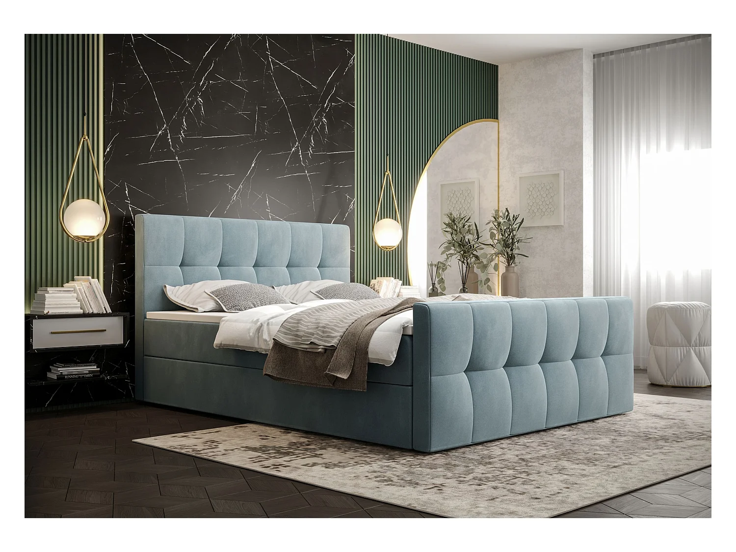 BEDANTE Lit boxspring MANHATTAN 180x200 Monolith 72 Bleu Lit Coffre Lit double Lit d’hôtel Surmatelas Matelas Chambre Rangement