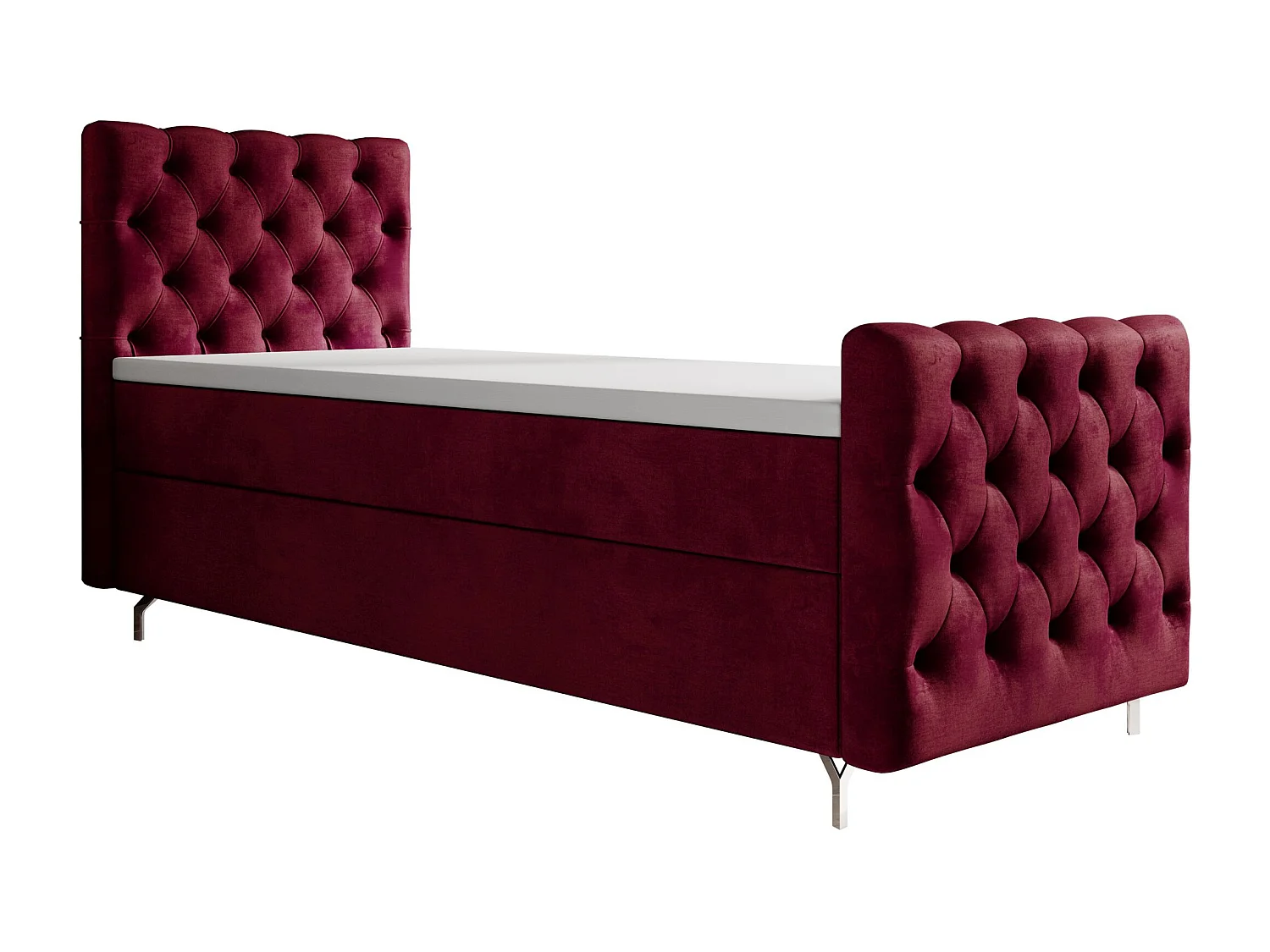 BEDANTE lit boxspring CHESTER PLUS 90x200 rouge avec matelas H3 et surmatelas lit avec coffre, lit simple, lit d'hôtel, chambre, avec rangement
