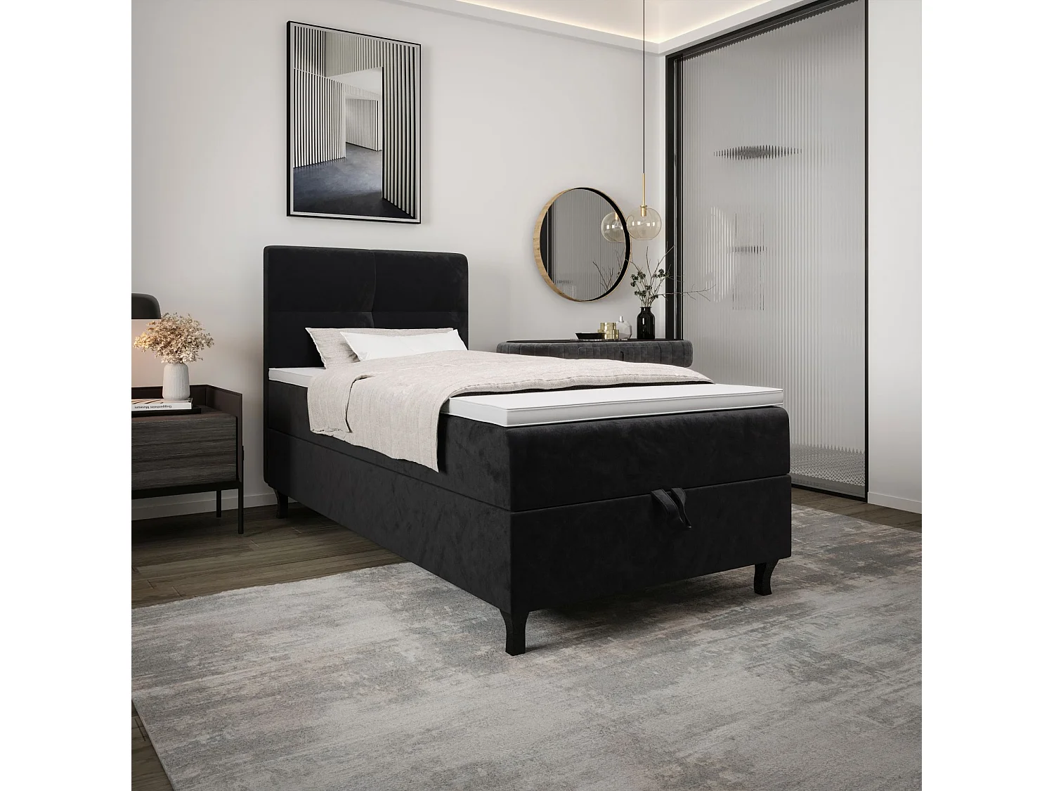 BEDANTE Lit Boxspring LIMBA 80x200 Monolith 97 Gris foncé Lit avec coffre Lit simple Lit d’hôtel Surmatelas Matelas Chambre Espace de rangement