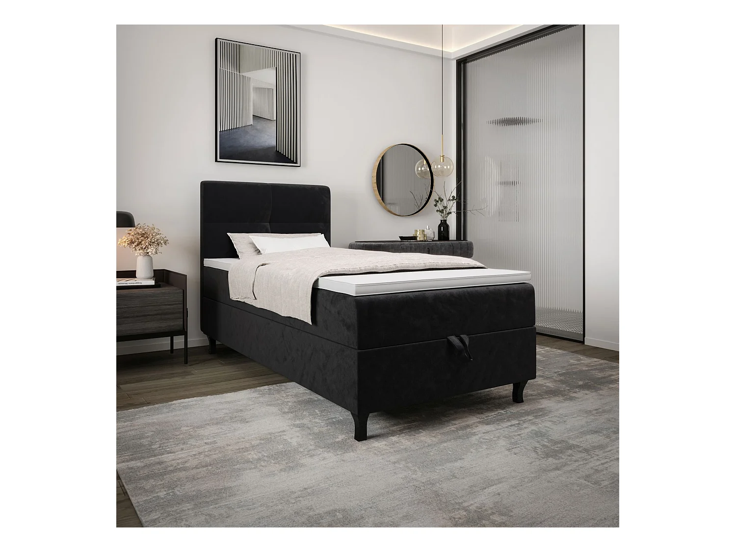 BEDANTE Boxspringbett LIMBA 80x200 Monolith 97 Dunkelgrau Bett Bettkasten Einzellbett Hotelbett Topper Matratze Schlafzimmer Stauraum