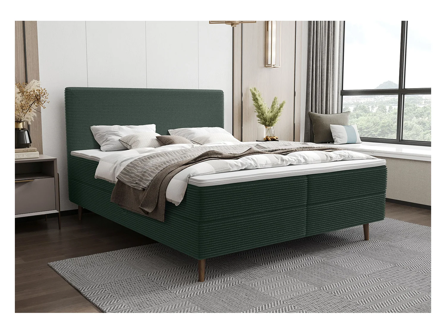 BEDANTE Boxspringbett NARA 160x200 POSO 014 Dunkelgrün Bett Bettkasten Ehebett Hotelbett Topper Matratze Schlafzimmer Stauraum