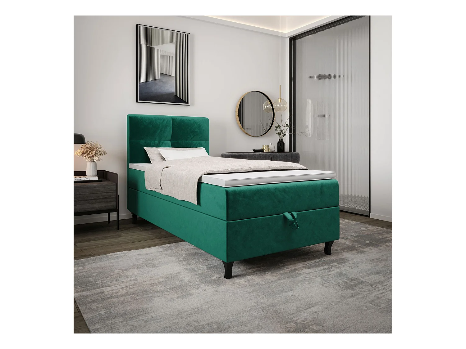BEDANTE Boxspringbett LIMBA 80x200 Monolith 37 Grün Bett Bettkasten Einzellbett Hotelbett Topper Matratze Schlafzimmer Stauraum