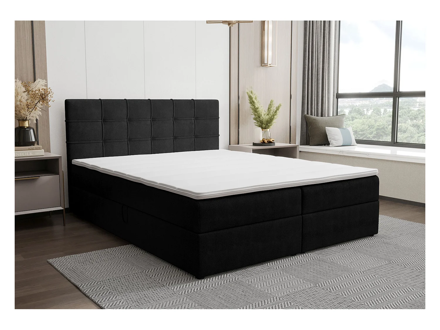BEDANTE Lit boxspring KIDA 180x200 Curio 99 Noir Lit Litkasten Lit double Lit d'hôtel Chambre à coucher Espace de rangement