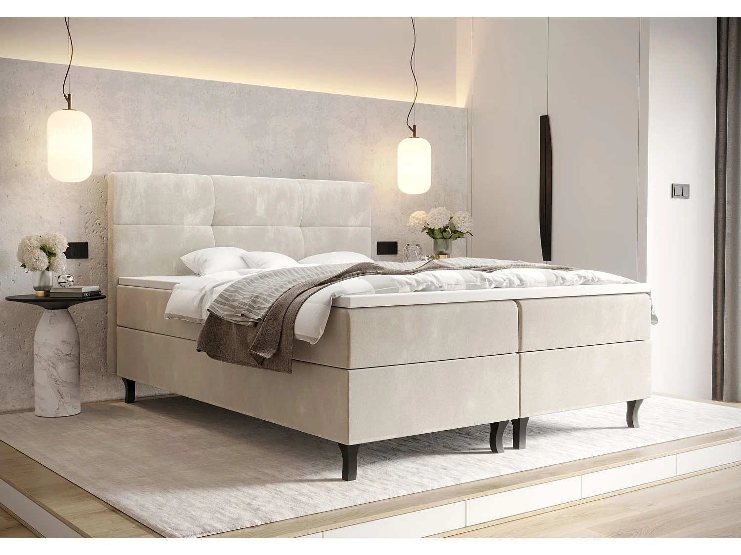 BEDANTE Boxspringbett LIMBA 160x200 Monolith 02 Creme Bett Bettkasten Ehebett Hotelbett Topper Matratze Schlafzimmer Stauraum