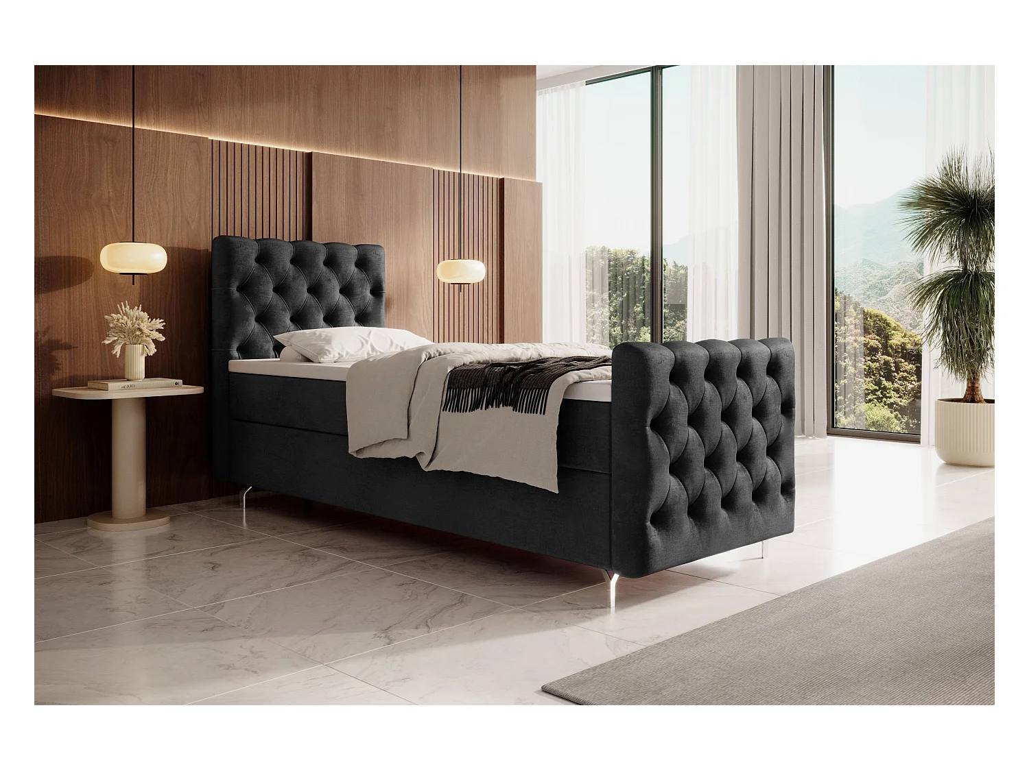 BEDANTE Boxspringbett CHESTER PLUS mit Matratze H3 und Topper 80x200 Monolith 97 Dunkelgrau Bett Bettkasten Einzellbett Hotelbett Schlafzimmer Stauraum