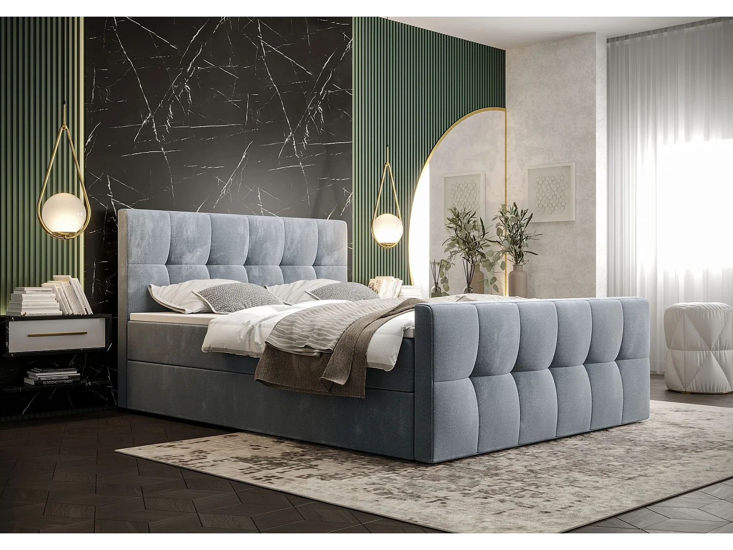 BEDANTE Lit boxspring MANHATTAN 180x200 Monolith 70 Bleu clair Lit Coffre Lit double Lit d’hôtel Surmatelas Matelas Chambre Rangement