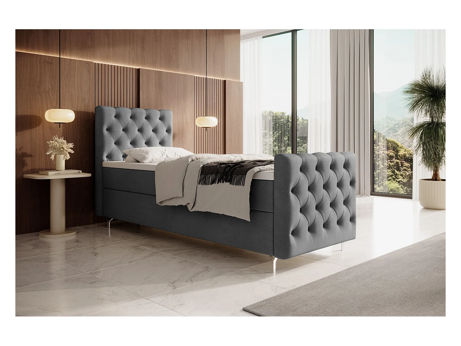 BEDANTE lit boxspring CHESTER PLUS 120x200 gris avec matelas H3 et surmatelas lit avec coffre, lit simple, lit d'hôtel, chambre, avec rangement