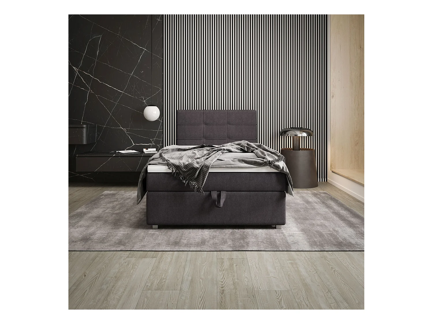 BEDANTE Boxspringbett FADO 22 80x200 Cosmic 97 Grau Bett Bettkasten Einzellbett Hotelbett Topper Matratze Schlafzimmer Stauraum
