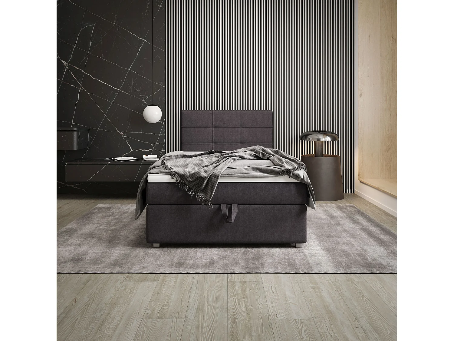 BEDANTE Boxspringbett FADO 22 80x200 Cosmic 97 Grau Bett Bettkasten Einzellbett Hotelbett Topper Matratze Schlafzimmer Stauraum