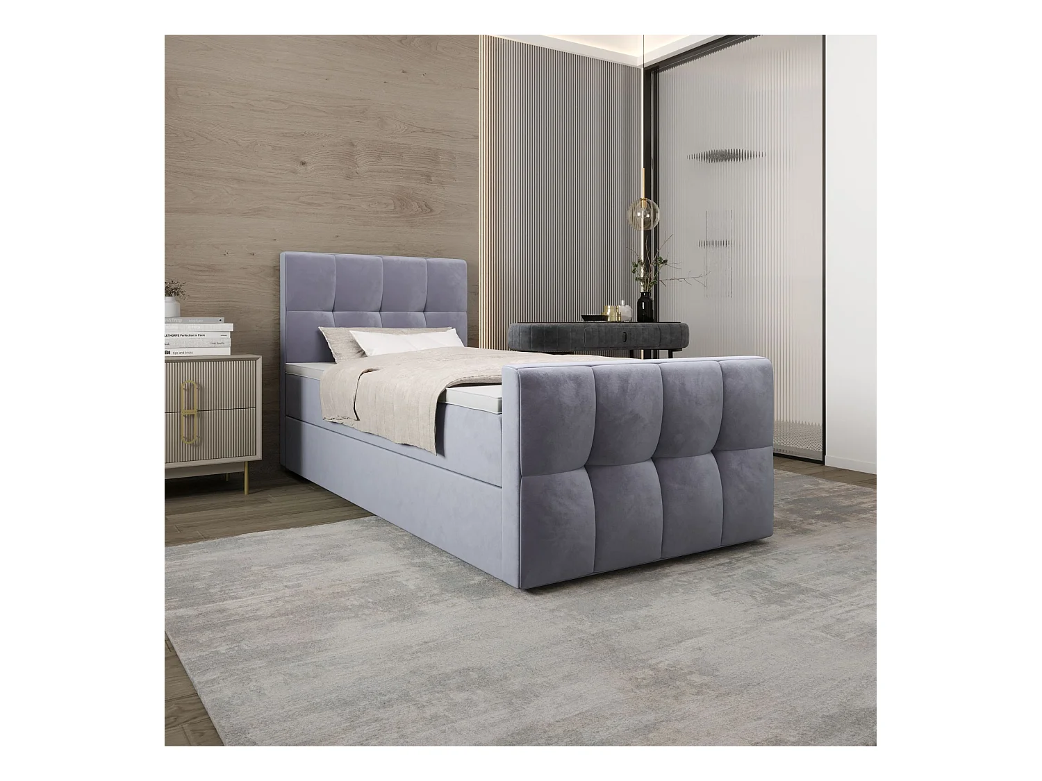 BEDANTE Boxspringbett MANHATTAN 80x200 Monolith 70 Hellblau Bett Bettkasten Einzellbett Hotelbett Topper Matratze Schlafzimmer Stauraum