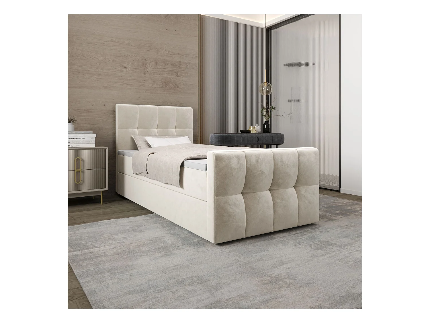 BEDANTE Lit Boxspring MANHATTAN 80x200 Monolith 02 Crème Lit avec coffre Lit simple Lit d’hôtel Surmatelas Matelas Chambre Espace de rangement