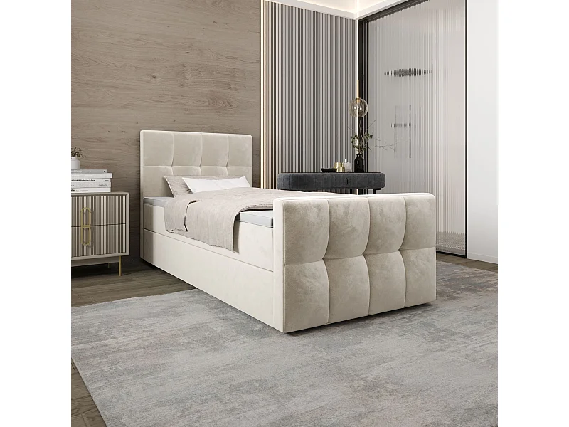 BEDANTE Lit Boxspring MANHATTAN 80x200 Monolith 02 Crème Lit avec coffre Lit simple Lit d’hôtel Surmatelas Matelas Chambre Espace de rangement