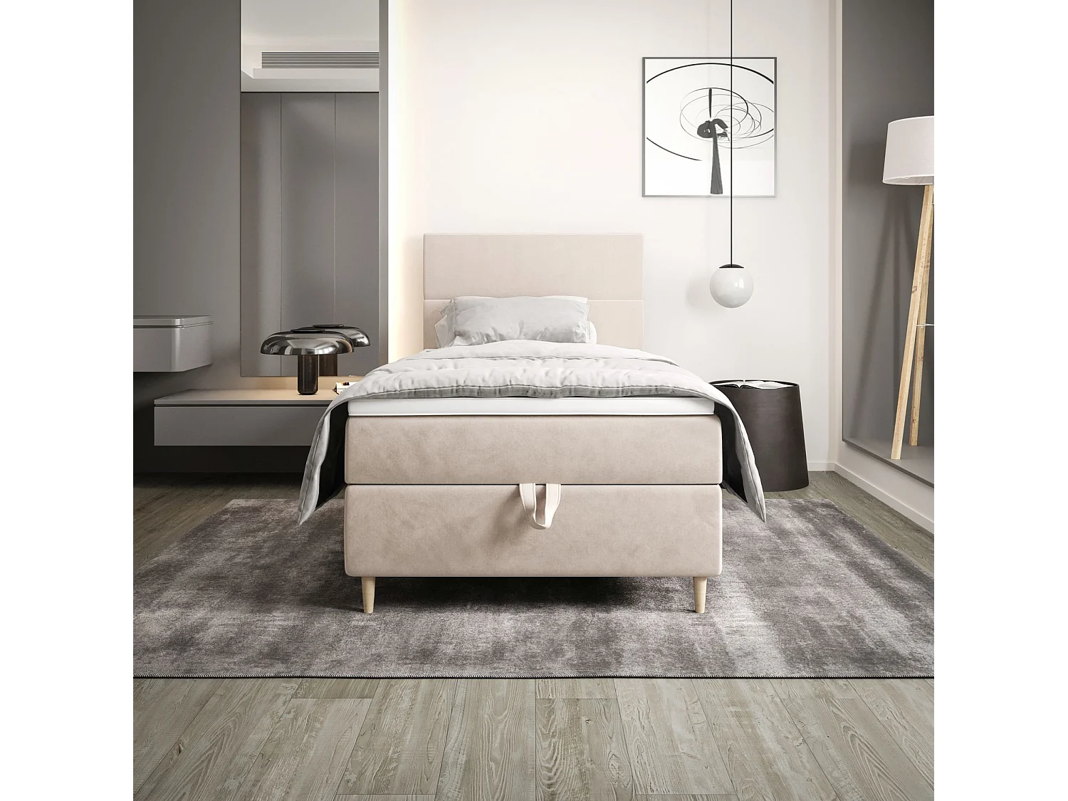 BEDANTE Lit boxspring FLO 80x200 Itaka 16 Crème Lit Coffre Lit simple Lit d'hôtel Surmatelas Matelas Chambre Rangement