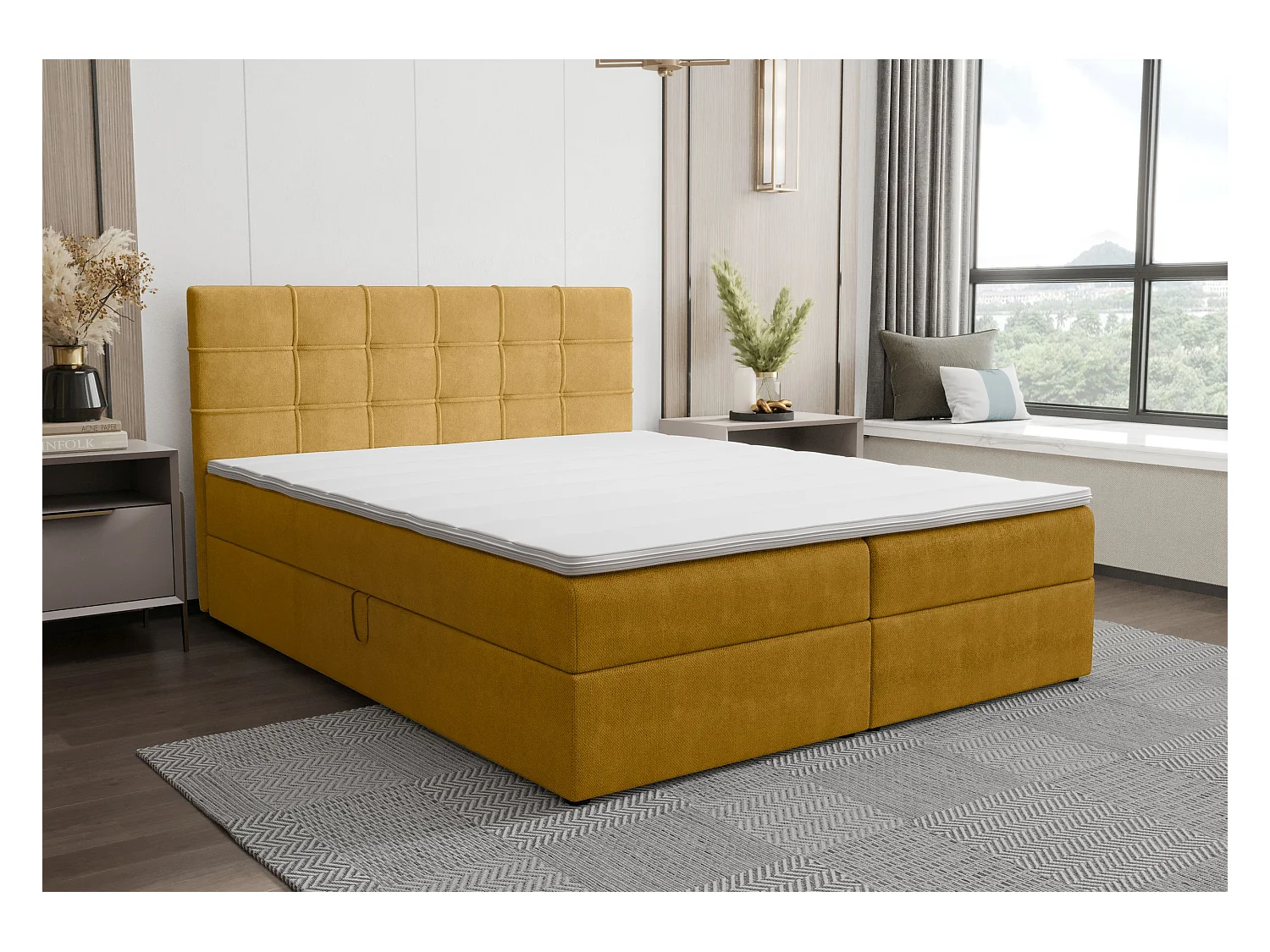 BEDANTE Lit boxspring KIDA 180x200 Curio 48 Orange Lit Litkasten Lit double Lit d'hôtel Chambre à coucher Espace de rangement