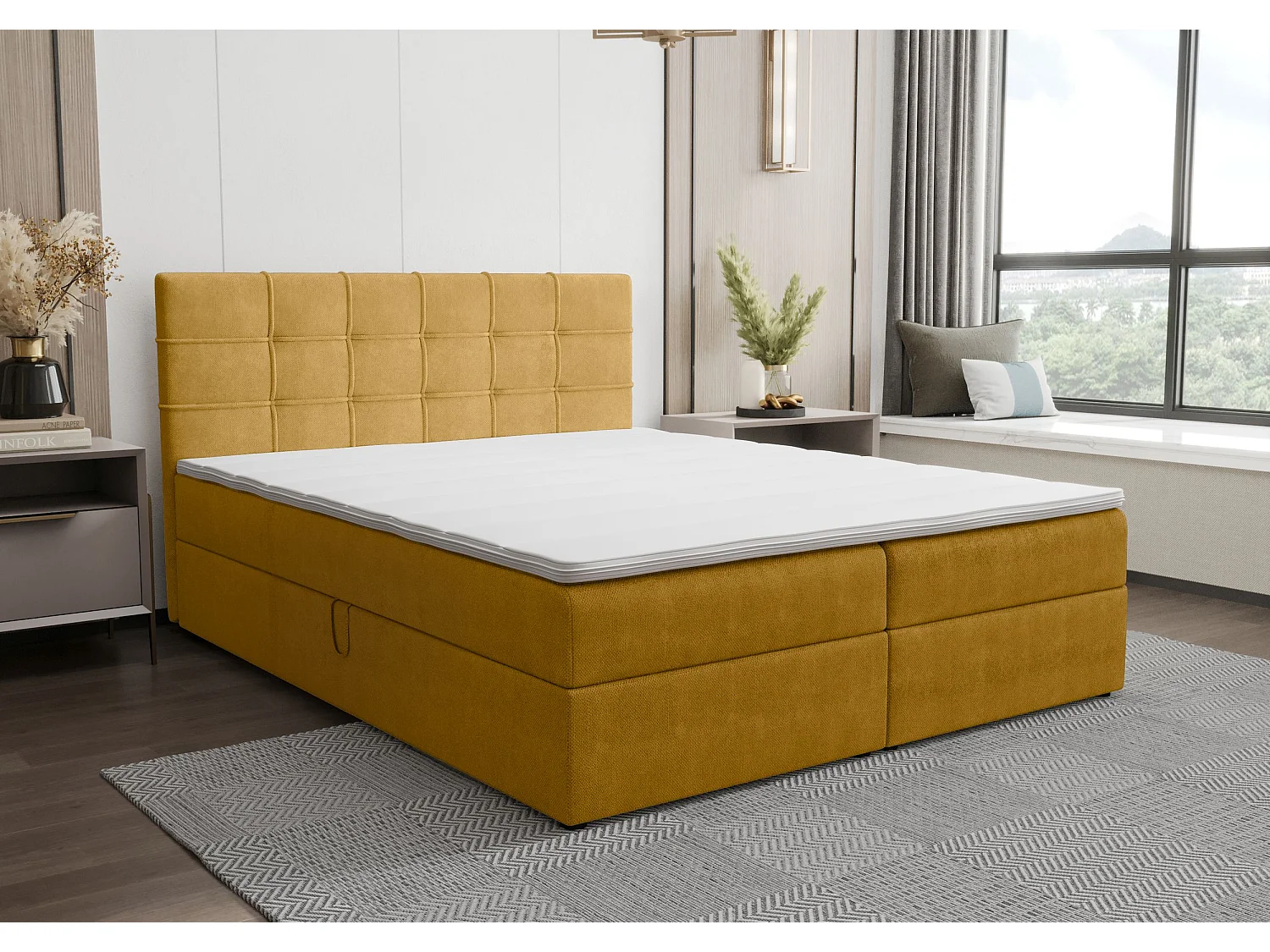 BEDANTE Lit boxspring KIDA 180x200 Curio 48 Orange Lit Litkasten Lit double Lit d'hôtel Chambre à coucher Espace de rangement