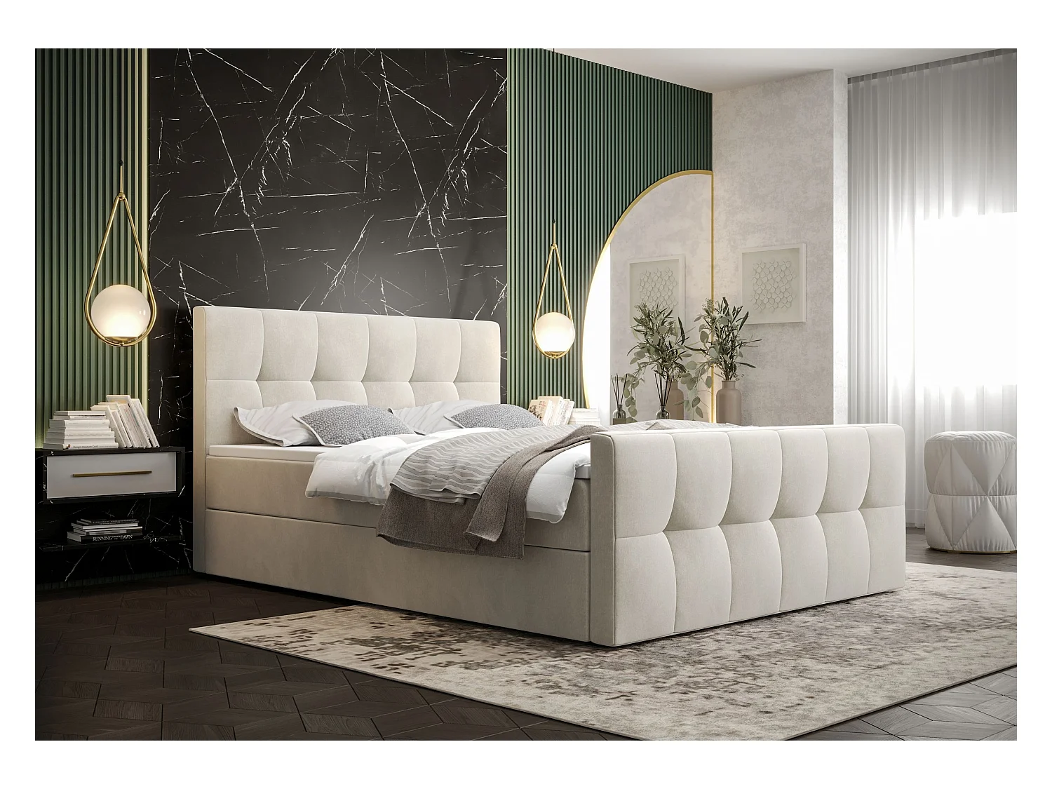 BEDANTE Lit boxspring MANHATTAN 160x200 Monolith 02 Crème Lit Coffre Lit double Lit d’hôtel Surmatelas Matelas Chambre Rangement