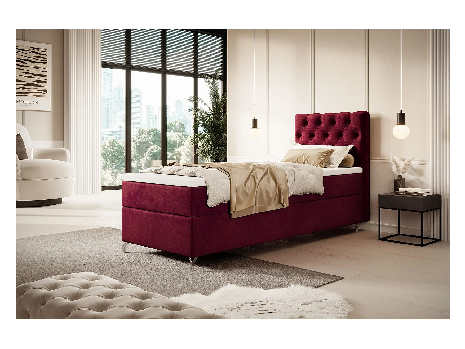 BEDANTE Boxspringbett CHESTER mit Matratze H3 und Topper 80x200 Monolith 59 Rot Bett Bettkasten Einzellbett Hotelbett Schlafzimmer Stauraum