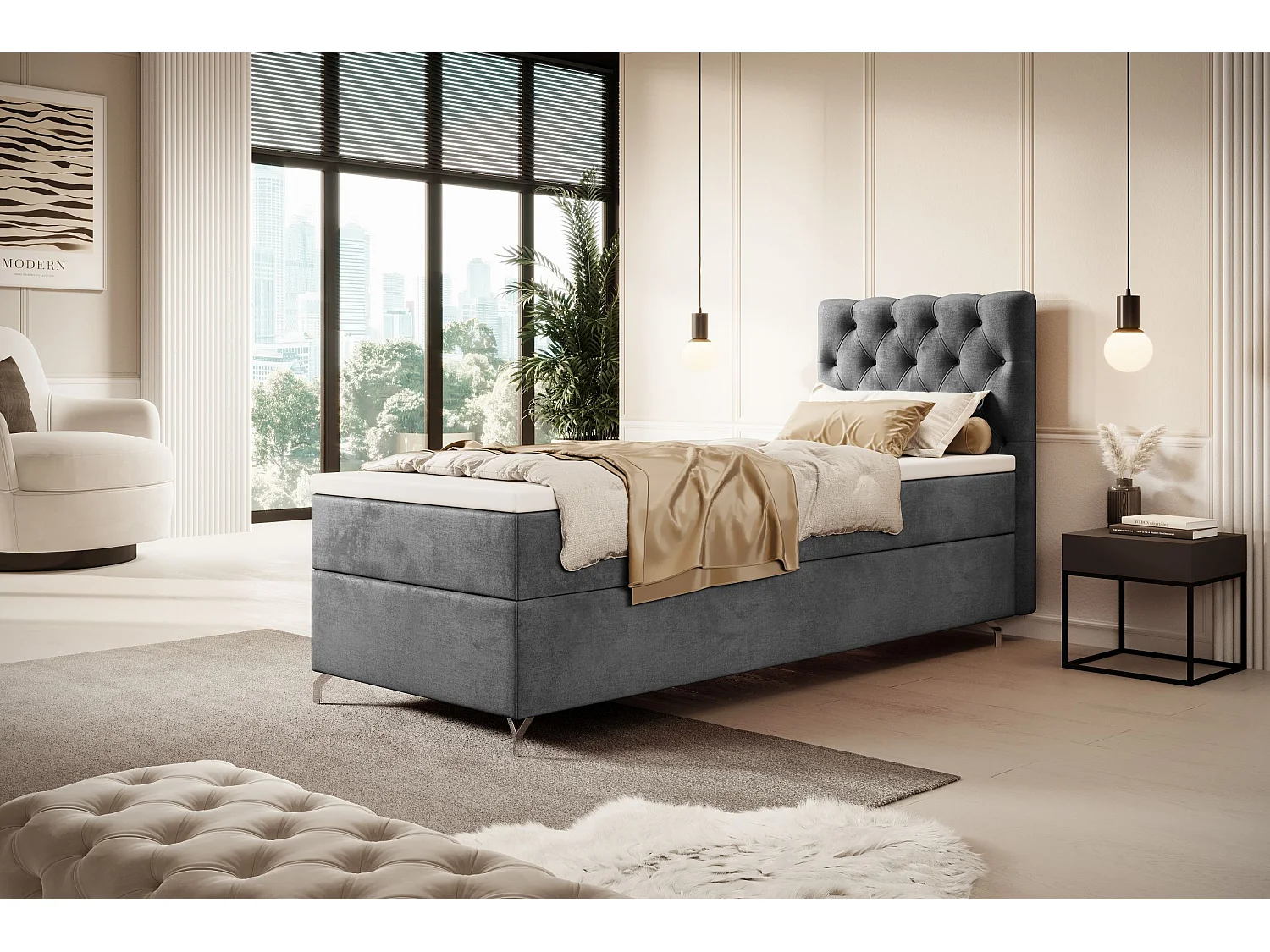 BOXBETT CHESTER 90x200 Monolith 92 avec matelas H3 et surmatelas lit avec coffre, lit simple, lit d'hôtel, chambre, avec rangement