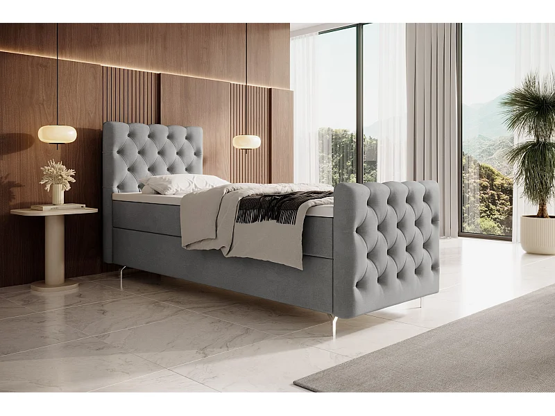 BEDANTE lit boxspring CHESTER PLUS 100x200 gris clair avec matelas H3 et surmatelas lit avec coffre, lit simple, lit d'hôtel, chambre, avec rangement