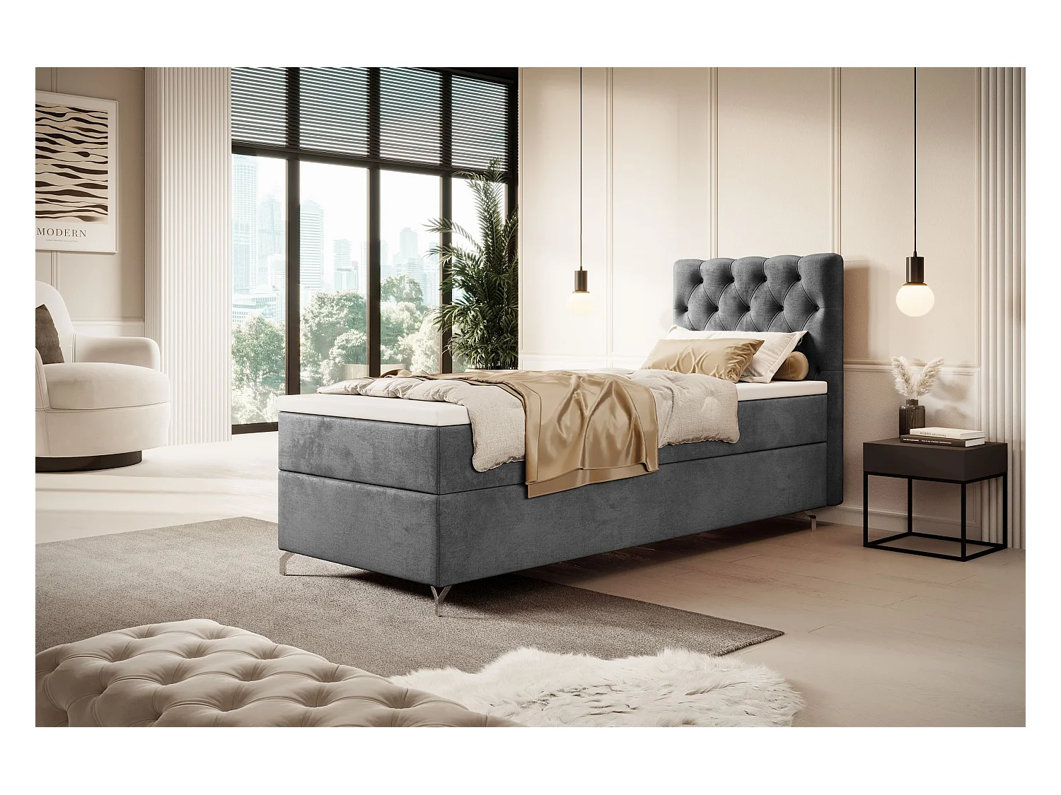 BEDANTE Boxspringbett CHESTER mit Matratze H3 und Topper 80x200 Monolith 92 Grau Bett Bettkasten Einzellbett Hotelbett Schlafzimmer Stauraum