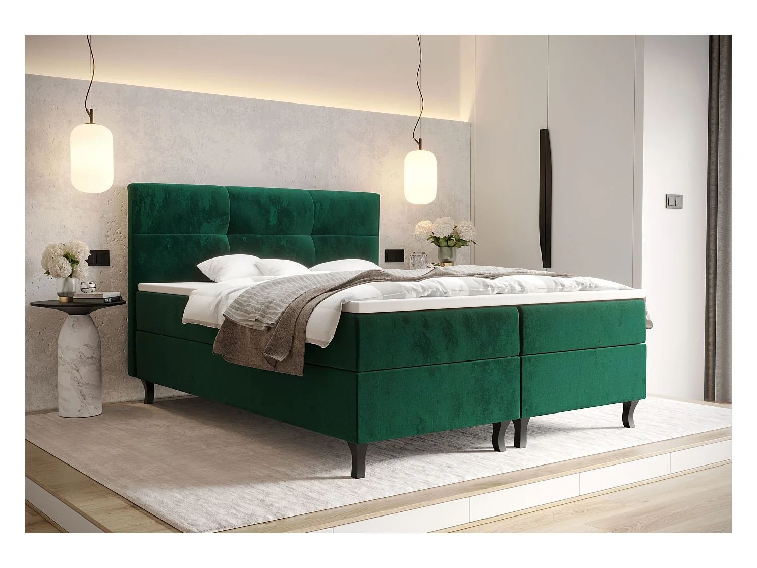 BEDANTE Lit Boxspring LIMBA 140x200 Monolith 37 Vert Lit avec coffre Lit double Lit d’hôtel Surmatelas Matelas Chambre Espace de rangement
