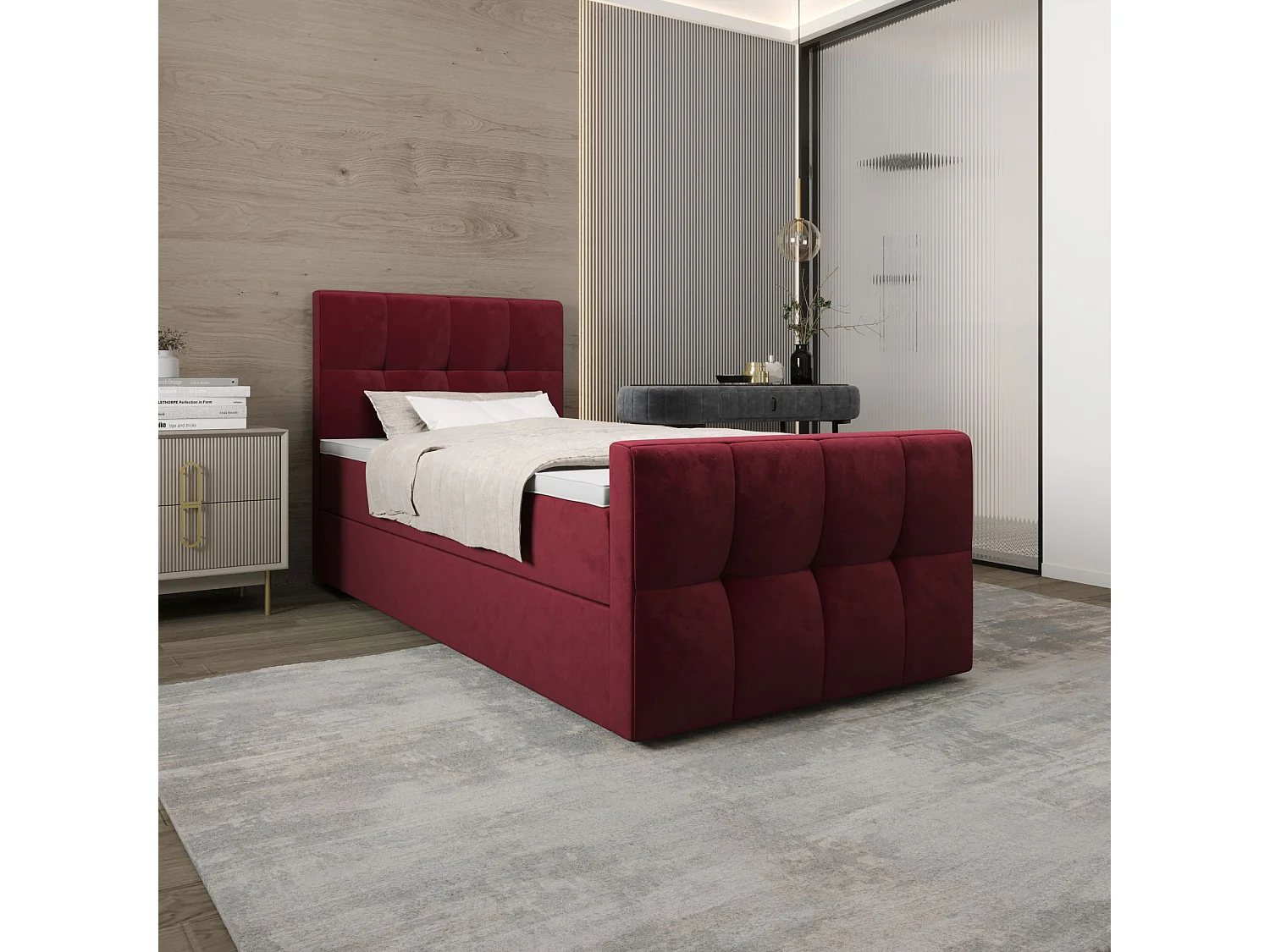 BEDANTE Lit Boxspring MANHATTAN 80x200 Monolith 59 Rouge Lit avec coffre Lit simple Lit d’hôtel Surmatelas Matelas Chambre Espace de rangement