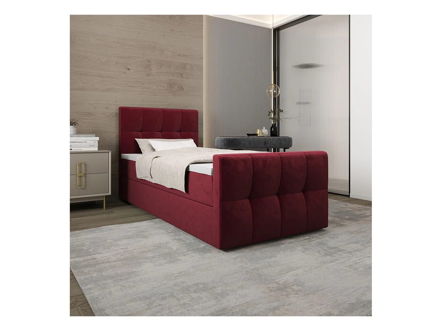BEDANTE Boxspringbett MANHATTAN 80x200 Monolith 59 Rot Bett Bettkasten Einzellbett Hotelbett Topper Matratze Schlafzimmer Stauraum