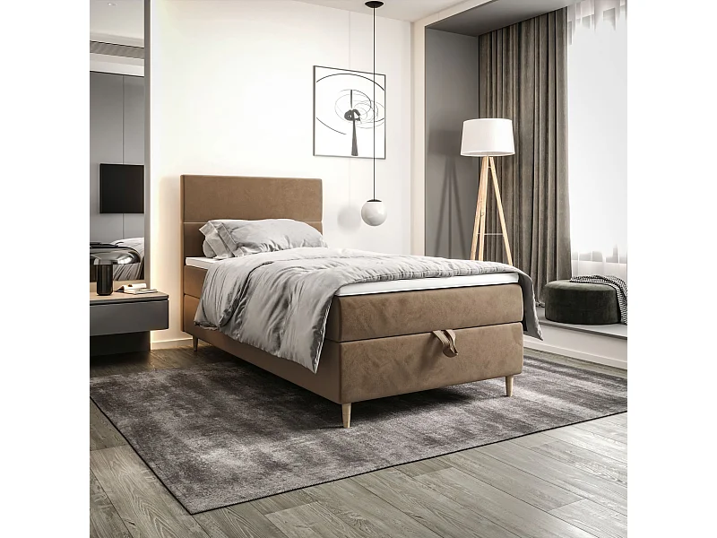 BEDANTE Lit boxspring FLO 80x200 Itaka 48 Marron clair Lit Coffre Lit simple Lit d'hôtel Surmatelas Matelas Chambre Rangement