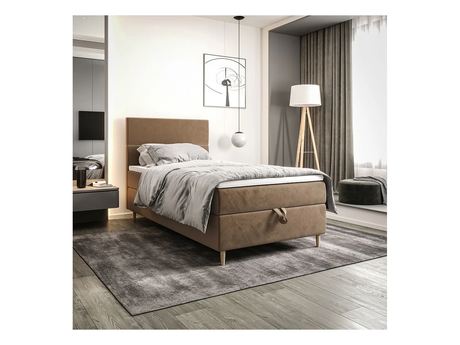 BEDANTE Boxspringbett FLO 80x200 Itaka 48 Hellbraun Bett Bettkasten Einzellbett Hotelbett Topper Matratze Schlafzimmer Stauraum