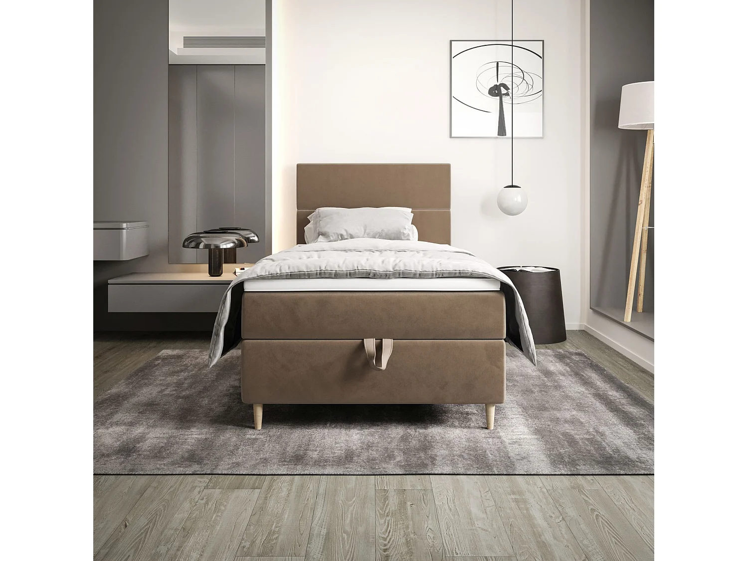 BEDANTE Lit boxspring FLO 80x200 Itaka 48 Marron clair Lit Coffre Lit simple Lit d'hôtel Surmatelas Matelas Chambre Rangement