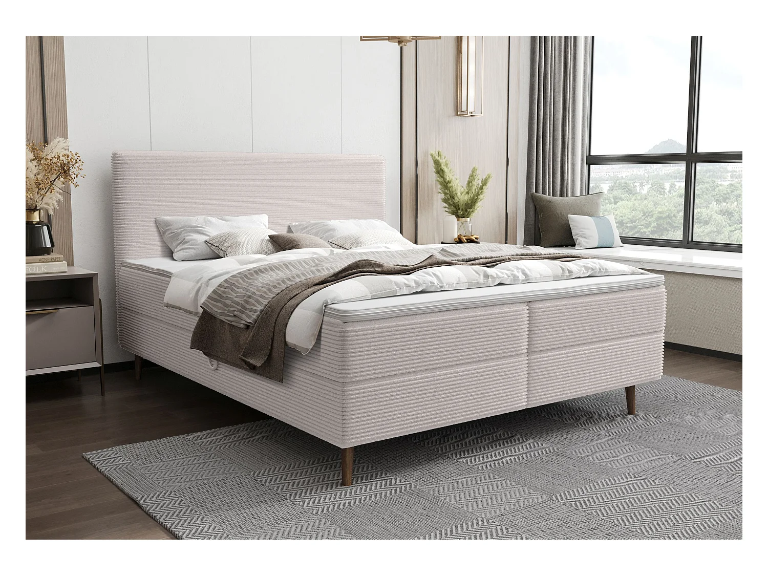 BEDANTE Boxspringbett NARA 160x200 POSO 100 Beige Bett Bettkasten Ehebett Hotelbett Topper Matratze Schlafzimmer Stauraum