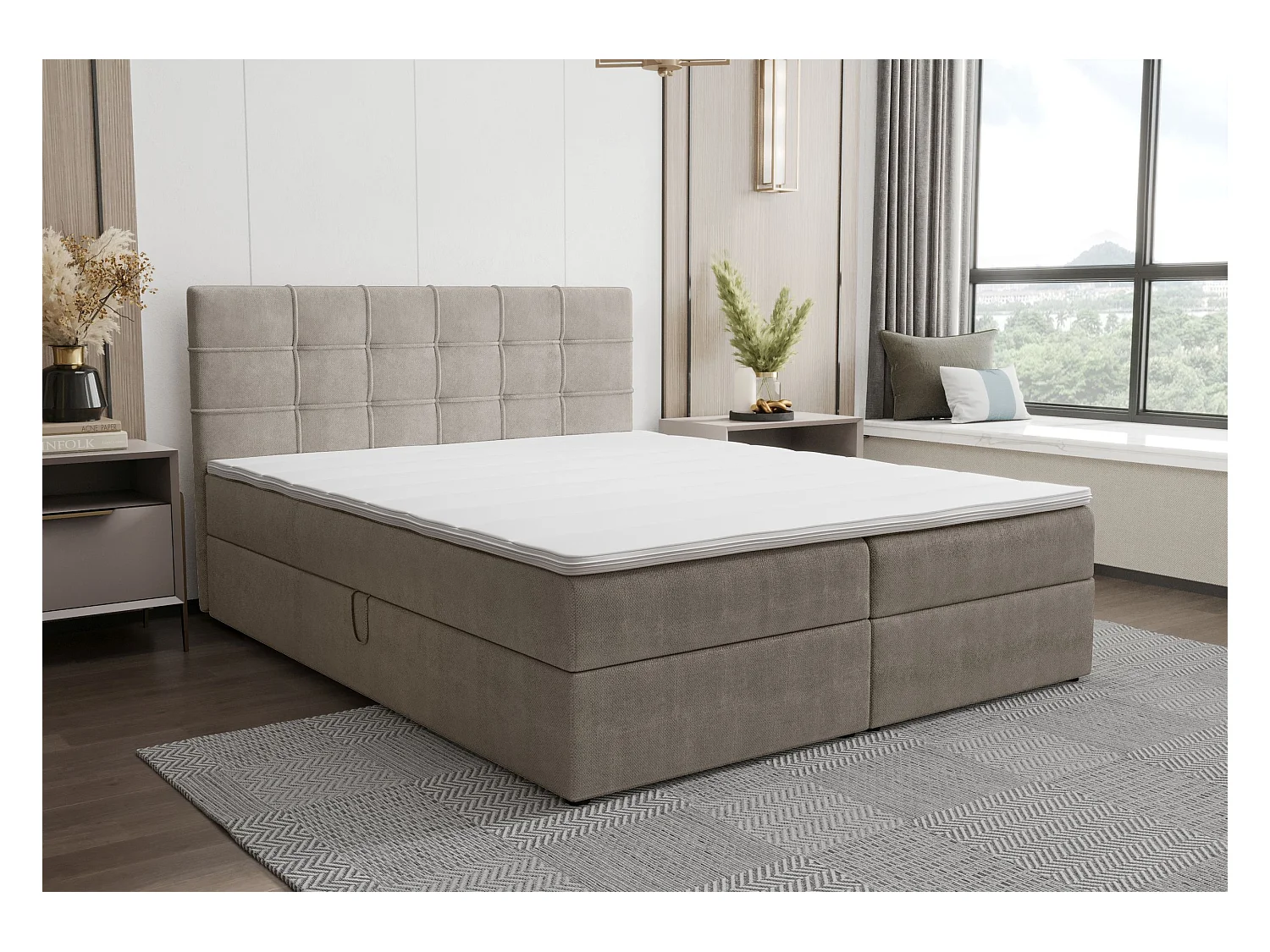 BEDANTE Lit boxspring KIDA 160x200 Curio 11 Beige Lit Litkasten Lit double Lit d'hôtel Chambre à coucher Espace de rangement