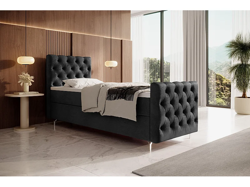 BEDANTE Boxspringbett CHESTER PLUS mit Matratze H3 und Topper 100x200 Monolith 97 Dunkelgrau Bett Bettkasten Einzellbett Hotelbett Schlafzimmer Stauraum