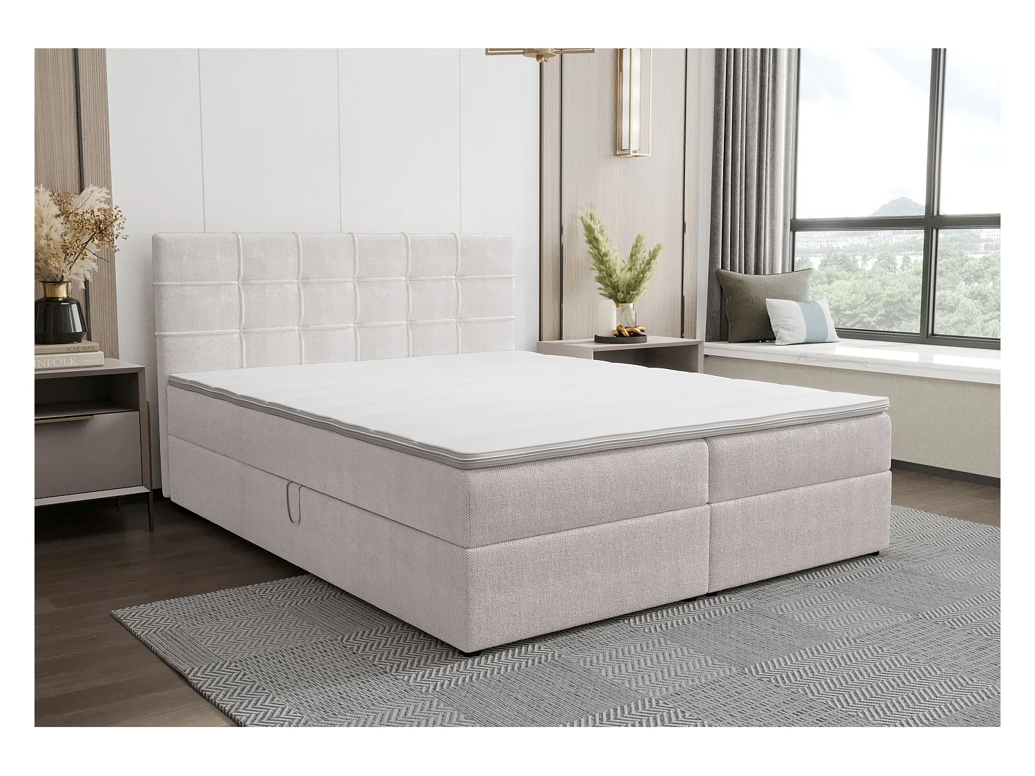 BEDANTE Lit boxspring KIDA 160x200 Curio 80 Gris clair Lit Litkasten Lit double Lit d'hôtel Chambre à coucher Espace de rangement
