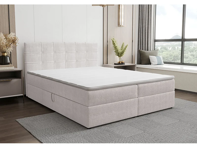 BEDANTE Lit boxspring KIDA 160x200 Curio 80 Gris clair Lit Litkasten Lit double Lit d'hôtel Chambre à coucher Espace de rangement