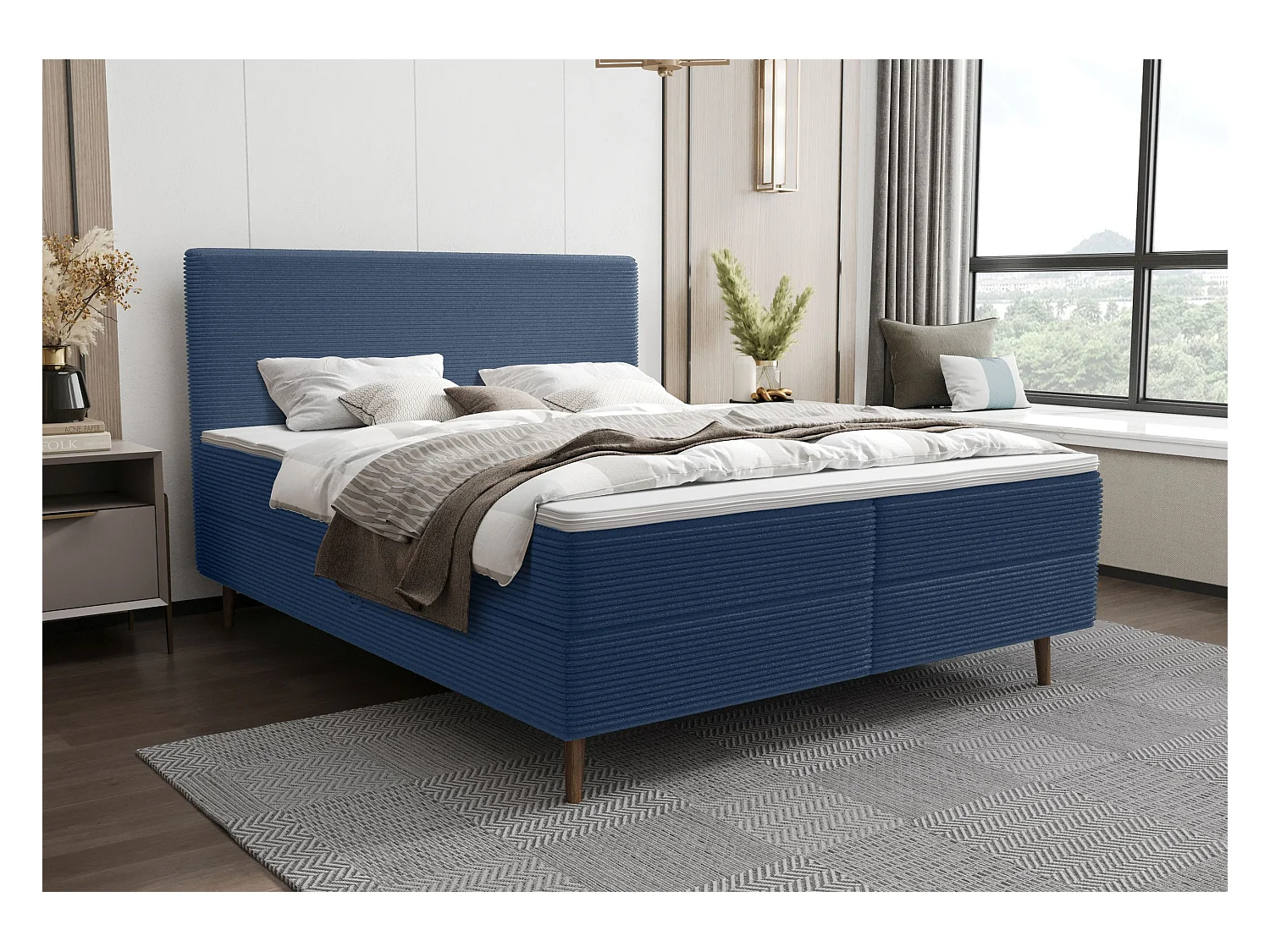 BEDANTE Boxspringbett NARA 160x200 POSO Dunkelblau 05 Bett Bettkasten Ehebett Hotelbett Topper Matratze Schlafzimmer Stauraum
